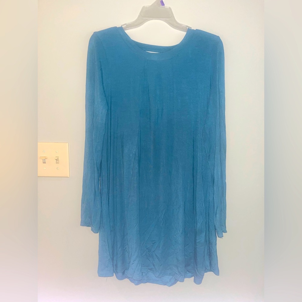 Umgee Solid Teal Stretch Knit Keyhole Shift Dress Long Sleeve - Small